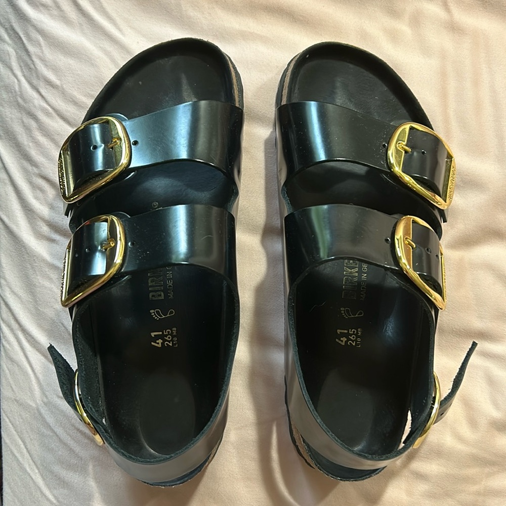 Birkenstock black patent leather sandals with heel strap